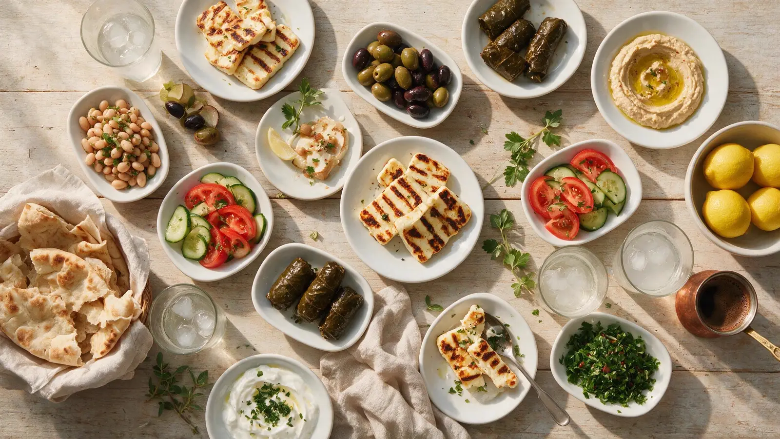 Izgara hellim, zeytin, dolma ve pide ile Kıbrıs meze sofrası